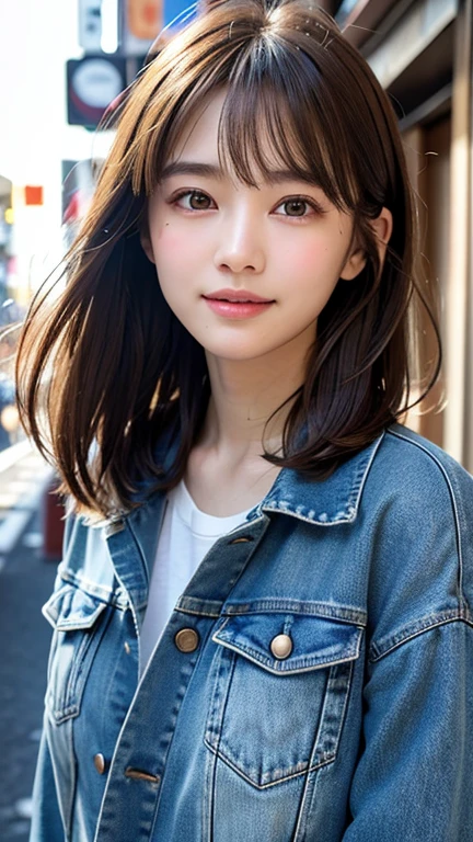 (((Shoulder-length straight brown hair mini bob)))、(((目が細くlight eye makeup)))、(((standing alone on the rider'Jacket and denim against the backdrop of the alleys of Kabukicho at night.)))、(((Please come wearing clothes that cover your arms.)))、Half Japanese and Korean、18 year old girl、independent、facing forward、light eye makeup、brown hair color、flat 、hair blowing in the wind、quality of actress、shiny, super realistic face、smileの表情、Moist eyes、look up、Calming lighting effects、 ultra-realistic capture、very detailed、High resolution 16K close-up of human skin。Skin texture must be natural、Must be so detailed that pores are visible、skin is healthy、Must be an even tone、Use natural light and color、High quality photos taken by a modeling agency'Exclusive photographer、smile
