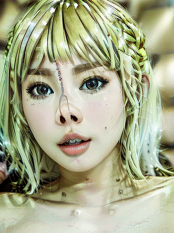 Fashion trendy beautiful and attractive woman, ,(Highest quality realistic textured skins:1.4), fine eyes, detailed face,, nose and mouth,face focus, Super close up of face gentle and charming Chinese beautiful woman, delicate and sexy clavicle, attractive oval face, single eyelid, red lips, big nose, bare shoulders, focus on face, close up of face, ultra high resolution, Super detailed, full body photo, Ultra thin and transparent,  fresh and good,cinematic lighting,rim light,((Completely naked)),(((nsfw))),(((Eyelids close))),(((eyes close))),((silver hair color)),((((thin eyebrows)))),(((Eyebrow color is blonde))),((((thick lips)))),(((全身Completely naked)))