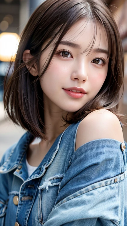 (((Shoulder-length straight brown hair mini bob)))、(((目が細くlight eye makeup)))、(((standing alone on the rider&#39;Jacket and denim against the backdrop of the alleys of Kabukicho at night.)))、(((Please come wearing clothes that cover your arms.)))、Half Japanese and Korean、18 year old girl、independent、facing forward、light eye makeup、brown hair color、flat 、hair blowing in the wind、quality of actress、shiny, super realistic face、smileの表情、Moist eyes、look up、Calming lighting effects、 ultra-realistic capture、very detailed、High resolution 16K close-up of human skin。Skin texture must be natural、Must be so detailed that pores are visible、skin is healthy、Must be an even tone、Use natural light and color、High quality photos taken by a modeling agency&#39;Exclusive photographer、smile
