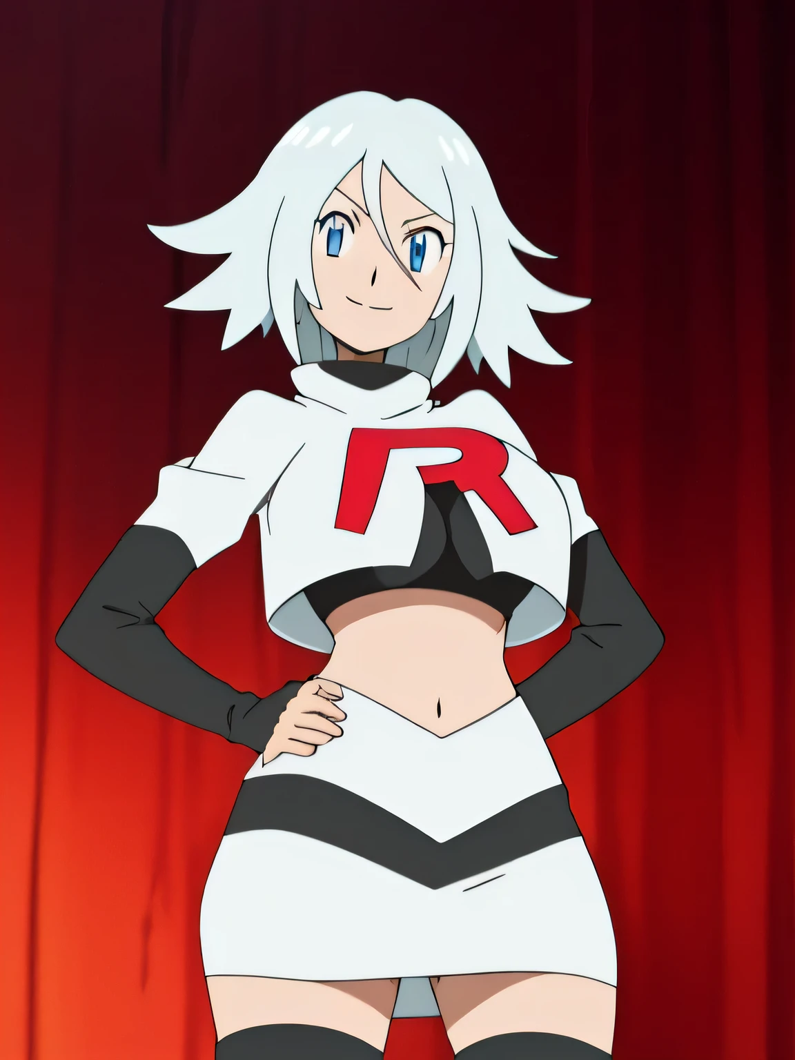 raine sage,white hair,8k, masterpiece,highres,very large breast, team rocket uniform, red letter r, white skirt,white crop top,black thigh-high boots, black elbow gloves, seductive smile, looking down at viewer, hands on hips, cowboy shot, zettai ryouiki,from below, black panties,anime style, vivid colors, sharp focus, intense lighting,