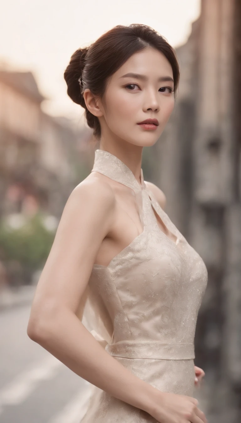 8k,Taiwanese 40-year-old beauty,Hair tied into ponytail,Delicate face with elegant light makeup(real skin),(The slender legs are visible)High-slit cheongsam high heels,melancholy expression,walking on the street,Ultra-high detail and realism,Zoom out,Facing the camera,8k,ultra high definition,Light and shadow tend to be real,more details。