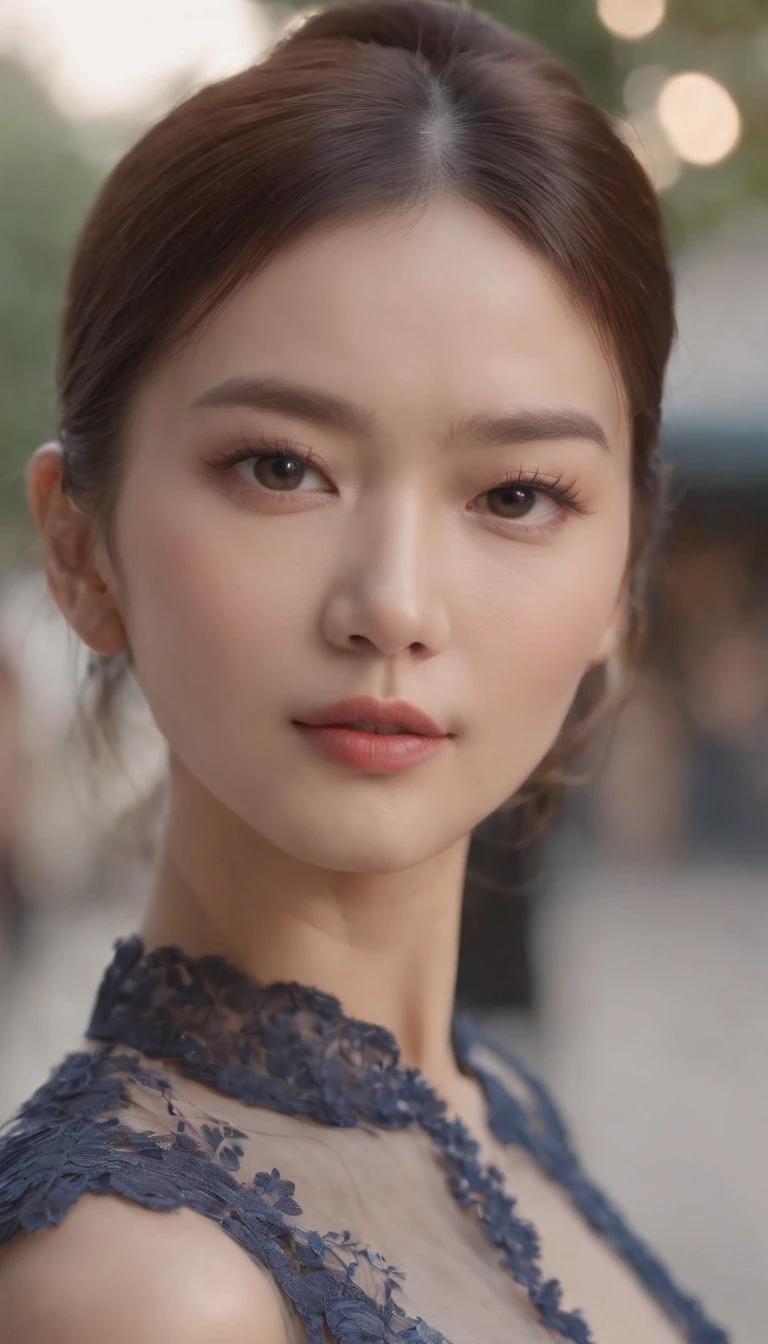 8k,Taiwanese 40-year-old beauty,Hair tied into ponytail,Delicate face with elegant light makeup(real skin),(The slender legs are visible)High-slit cheongsam high heels,melancholy expression,walking on the street,Ultra-high detail and realism,Zoom out,Facing the camera,8k,ultra high definition,Light and shadow tend to be real,more details。