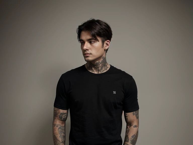 man with tattoo wearing simple basic black t-shirt without print and full body