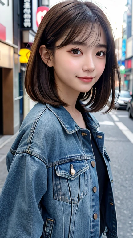 (((Shoulder-length straight brown hair mini bob)))、(((目が細くlight eye makeup)))、(((standing alone on the rider'Jacket and denim against the backdrop of the alleys of Kabukicho at night.)))、(((Please come wearing clothes that cover your arms.)))、Half Japanese and Korean、18 year old girl、independent、facing forward、light eye makeup、brown hair color、flat 、hair blowing in the wind、quality of actress、shiny, super realistic face、smileの表情、Moist eyes、look up、Calming lighting effects、 ultra-realistic capture、very detailed、High resolution 16K close-up of human skin。Skin texture must be natural、Must be so detailed that pores are visible、skin is healthy、Must be an even tone、Use natural light and color、High quality photos taken by a modeling agency'Exclusive photographer、smile
