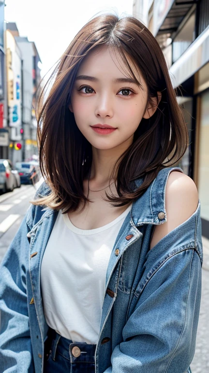 (((Shoulder-length straight brown hair mini bob)))、(((目が細くlight eye makeup)))、(((standing alone on the rider'Jacket and denim against the backdrop of the alleys of Kabukicho at night.)))、(((Please come wearing clothes that cover your arms.)))、Half Japanese and Korean、18 year old girl、independent、facing forward、light eye makeup、brown hair color、flat 、hair blowing in the wind、quality of actress、shiny, super realistic face、smileの表情、Moist eyes、look up、Calming lighting effects、 ultra-realistic capture、very detailed、High resolution 16K close-up of human skin。Skin texture must be natural、Must be so detailed that pores are visible、skin is healthy、Must be an even tone、Use natural light and color、High quality photos taken by a modeling agency'Exclusive photographer、smile