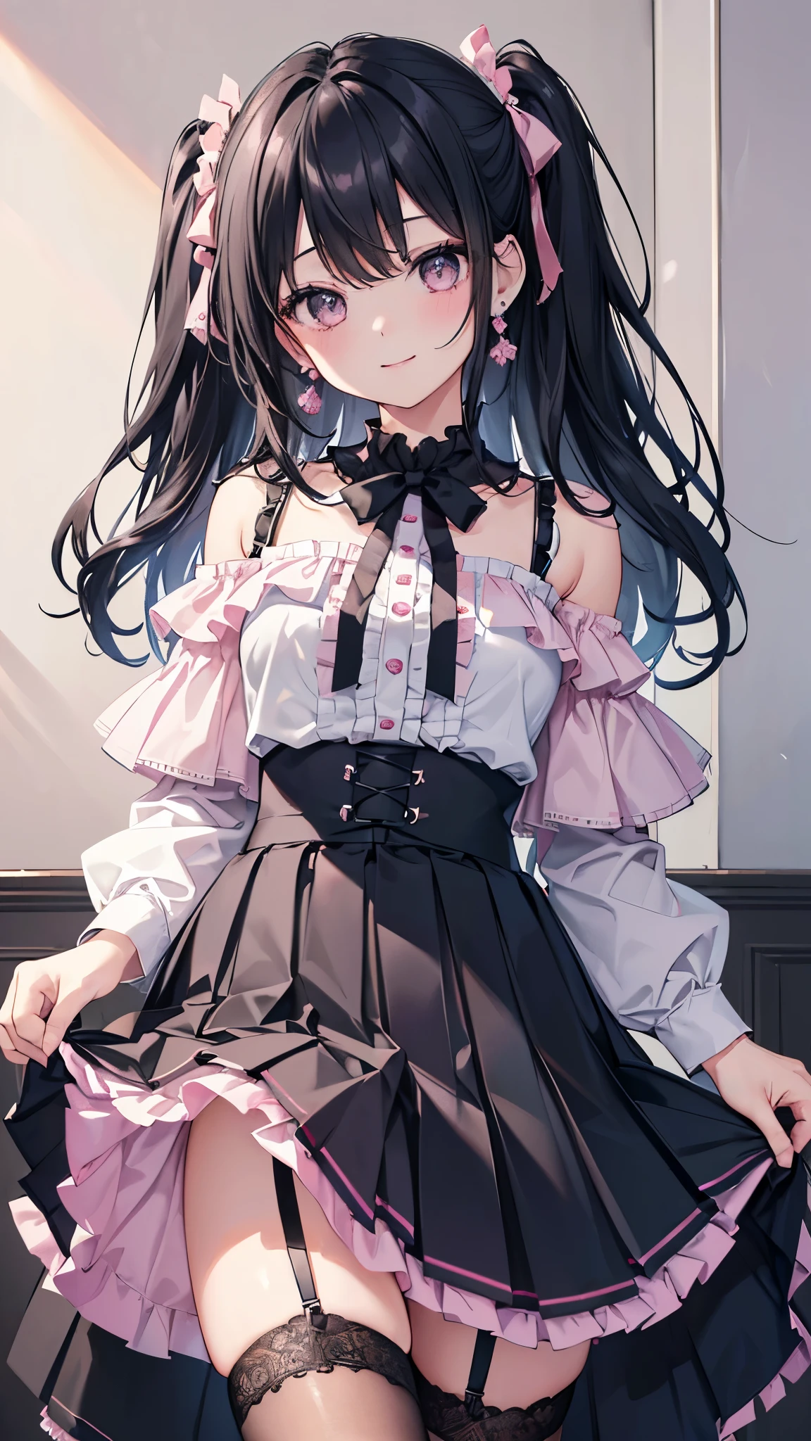 (8K、Highest image quality、highest quality、masterpiece)、detailed face、((1 girl))、black hair、two side up、gray eyes、smile、earrings、jirai kei、Moderate chest、((pink frilly clothes))、((off shoulder))、((black pleated skirt))、((skirt lift))、((garter belt))、cowboy shot、Take from below、bedroom background