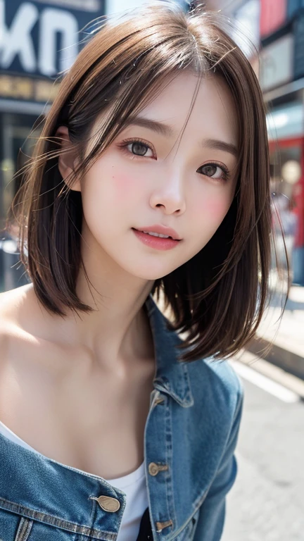 (((Shoulder-length straight brown hair mini bob)))、(((目が細くlight eye makeup)))、(((standing alone on the rider&#39;Jacket and denim against the backdrop of the alleys of Kabukicho at night.)))、(((Please come wearing clothes that cover your arms.)))、Half Japanese and Korean、18 year old girl、independent、facing forward、light eye makeup、brown hair color、flat 、hair blowing in the wind、quality of actress、shiny, super realistic face、smileの表情、Moist eyes、look up、Calming lighting effects、 ultra-realistic capture、very detailed、High resolution 16K close-up of human skin。Skin texture must be natural、Must be so detailed that pores are visible、skin is healthy、Must be an even tone、Use natural light and color、High quality photos taken by a modeling agency&#39;Exclusive photographer、smile
