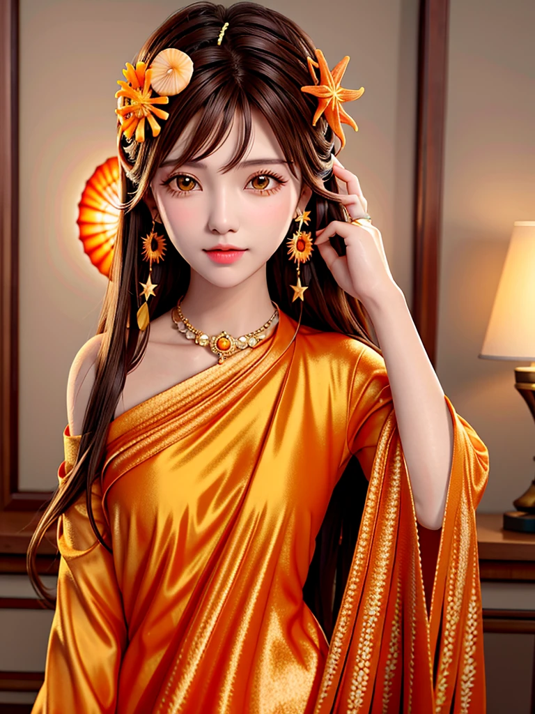 disorganized, High resolution, super detailed, 1 girl, alone, very fine eyes, starfish, seashell, shell, flower, have, hair ornaments, jewelry, straw have, looking at the viewer, sunglasses, have flower, straw, hair clip, earrings, red flower, tinted glasses, yellow flower, bangs, english text, colorful hair, orange flower, black hair, ring, cup, long hair, orange-tinted glasses, food, brown hair, portrait, shell hair ornaments