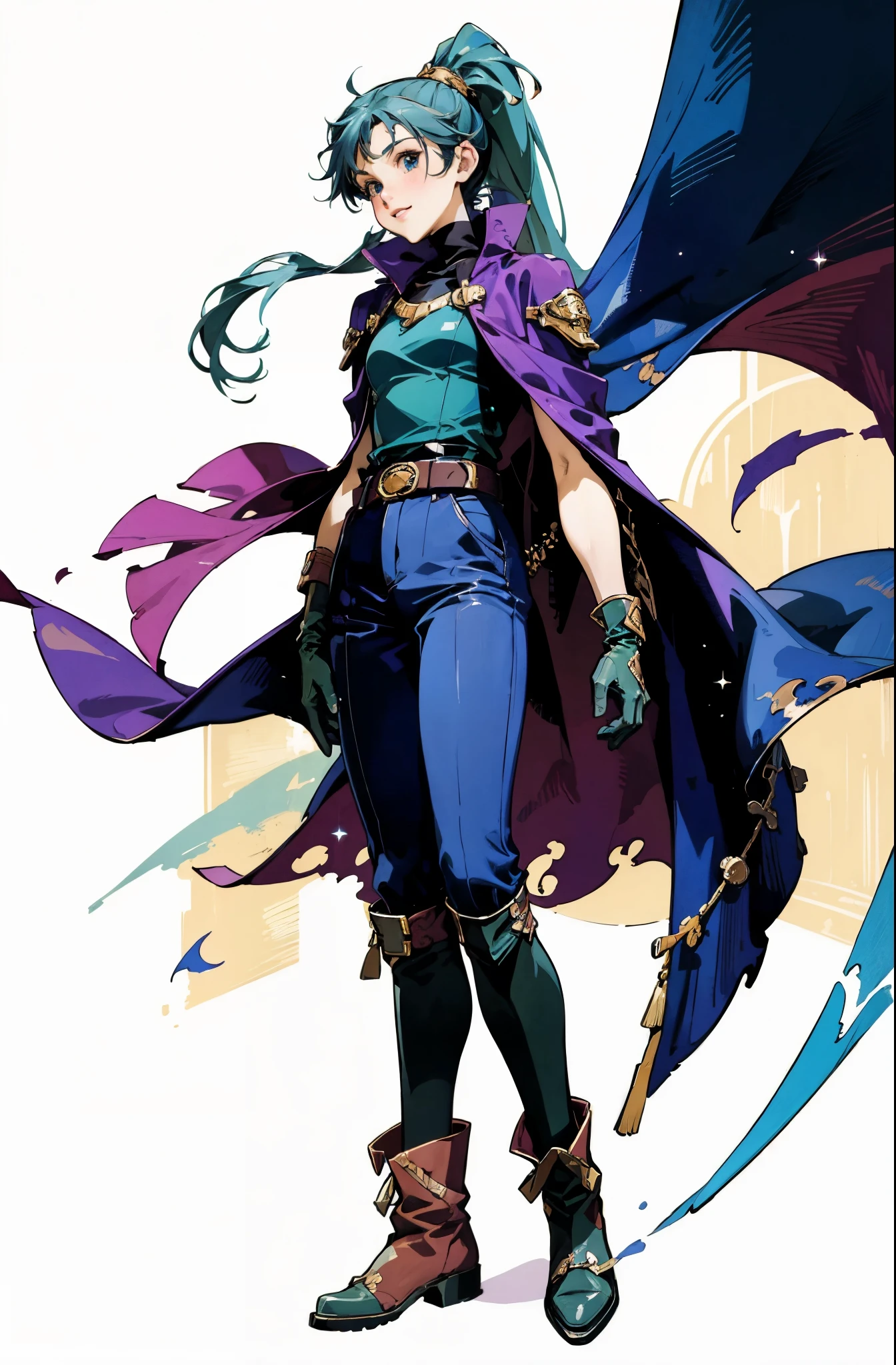 A girl with long indigo hair, a high ponytail, a headband adorned with crescent moon decorations, bright round eyes, a cheerful smile, a curious expression, a fantasy-style adventurer's coat with a short hem, houlder extensions forming a cape cloak, fabric gloves, a multifunctional belt, coarse cloth trousers, knee-high leather boots, a wilderness backdrop of Akira Toriyama's style, this character embodies a finely crafted fantasy-style adventurer in anime style, exquisite and mature manga art style, high definition, best quality, highres, ultra-detailed, ultra-fine painting, extremely delicate, professional, perfect body proportions, golden ratio, anatomically correct, symmetrical face, extremely detailed eyes and face, high quality eyes, creativity, RAW photo, UHD, 32k, Natural light, cinematic lighting, masterpiece-anatomy-perfect, masterpiece:1.5