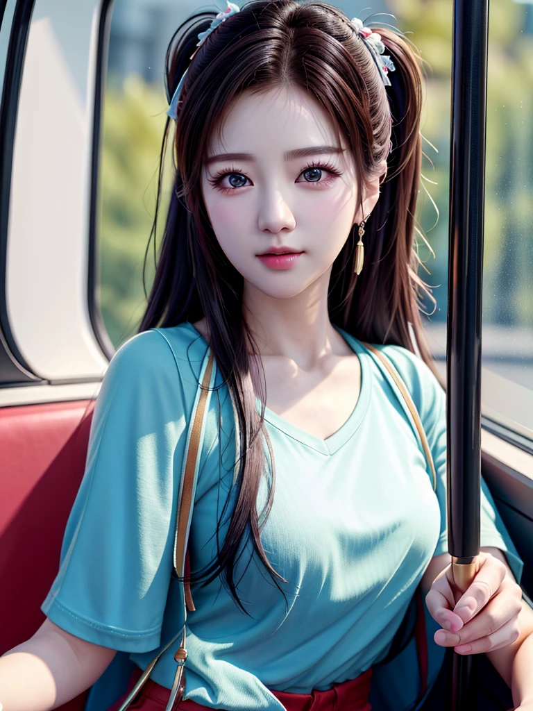 (best quality,4k,8k,highres,masterpiece:1.2),ultra-detailed,(realistic,photorealistic,photo-realistic:1.37),beautiful Korean pop star female photo,uneven twin tails,natural makeup,medium-sized breast,size,a slight smile,colorful t-shirt,on the bus,clear facial features with sharp and realistic details,Sony FE,35mm,movie-like lighting,advanced details,UHD,high quality,HD,8K,16K