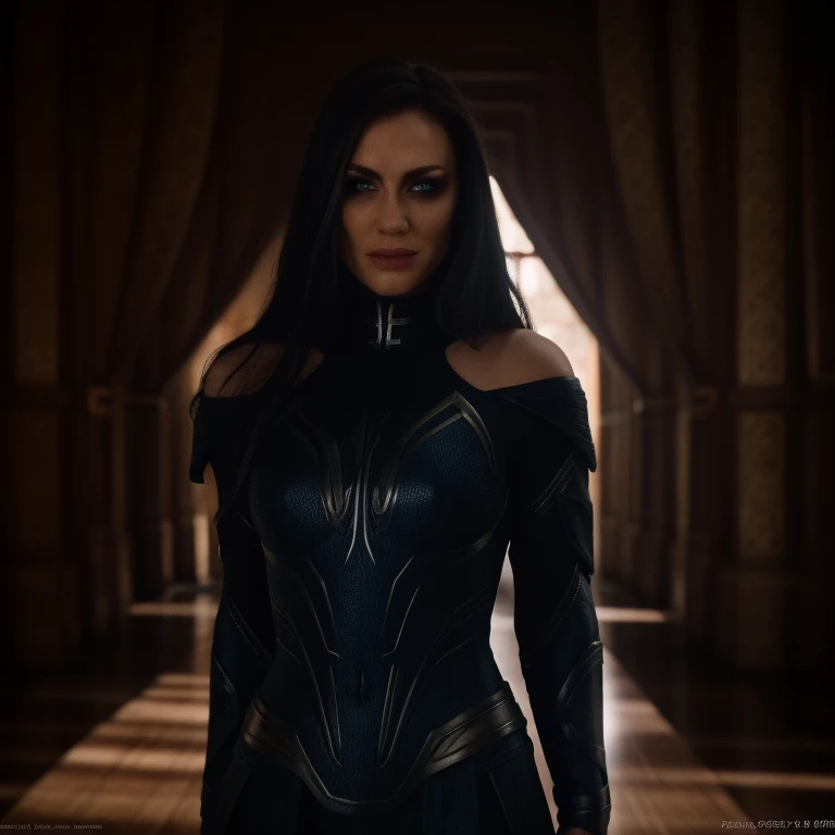 Best_QualityPos, RAW photo, intricate details, best quality, 8k uhd, soft lighting, 1girl, solo, bare shoulders, black hair, long hair, armor, Blue eyes, epiC35mm