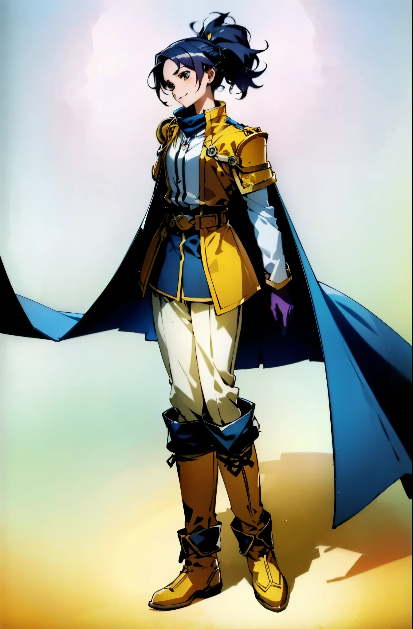 A girl with long indigo hair, a high ponytail, a headband adorned with crescent moon decorations, bright round eyes, a cheerful smile, a curious expression, a fantasy-style adventurer's coat with a short hem, houlder extensions forming a cape cloak, fabric gloves, a multifunctional belt, coarse cloth trousers, knee-high leather boots, a wilderness backdrop of Akira Toriyama's style, this character embodies a finely crafted fantasy-style adventurer in anime style, exquisite and mature manga art style, high definition, best quality, highres, ultra-detailed, ultra-fine painting, extremely delicate, professional, perfect body proportions, golden ratio, anatomically correct, symmetrical face, extremely detailed eyes and face, high quality eyes, creativity, RAW photo, UHD, 32k, Natural light, cinematic lighting, masterpiece-anatomy-perfect, masterpiece:1.5
