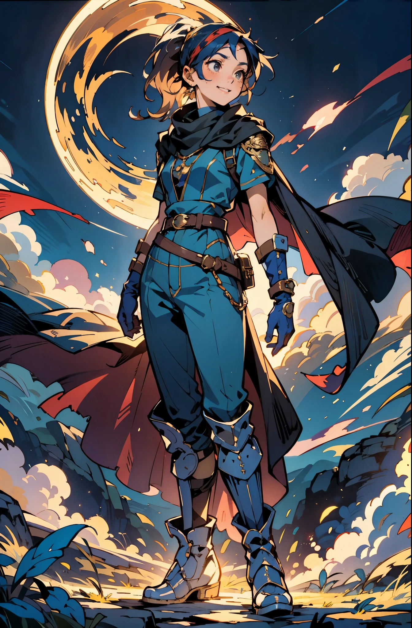 A girl with long indigo hair, a high ponytail, a headband adorned with crescent moon decorations, bright round eyes, a cheerful smile, a curious expression, a fantasy-style adventurer's coat with a short hem, houlder extensions forming a cape cloak, fabric gloves, a multifunctional belt, coarse cloth trousers, knee-high leather boots, a wilderness backdrop of Akira Toriyama's style, this character embodies a finely crafted fantasy-style adventurer in anime style, exquisite and mature manga art style, high definition, best quality, highres, ultra-detailed, ultra-fine painting, extremely delicate, professional, perfect body proportions, golden ratio, anatomically correct, symmetrical face, extremely detailed eyes and face, high quality eyes, creativity, RAW photo, UHD, 32k, Natural light, cinematic lighting, masterpiece-anatomy-perfect, masterpiece:1.5