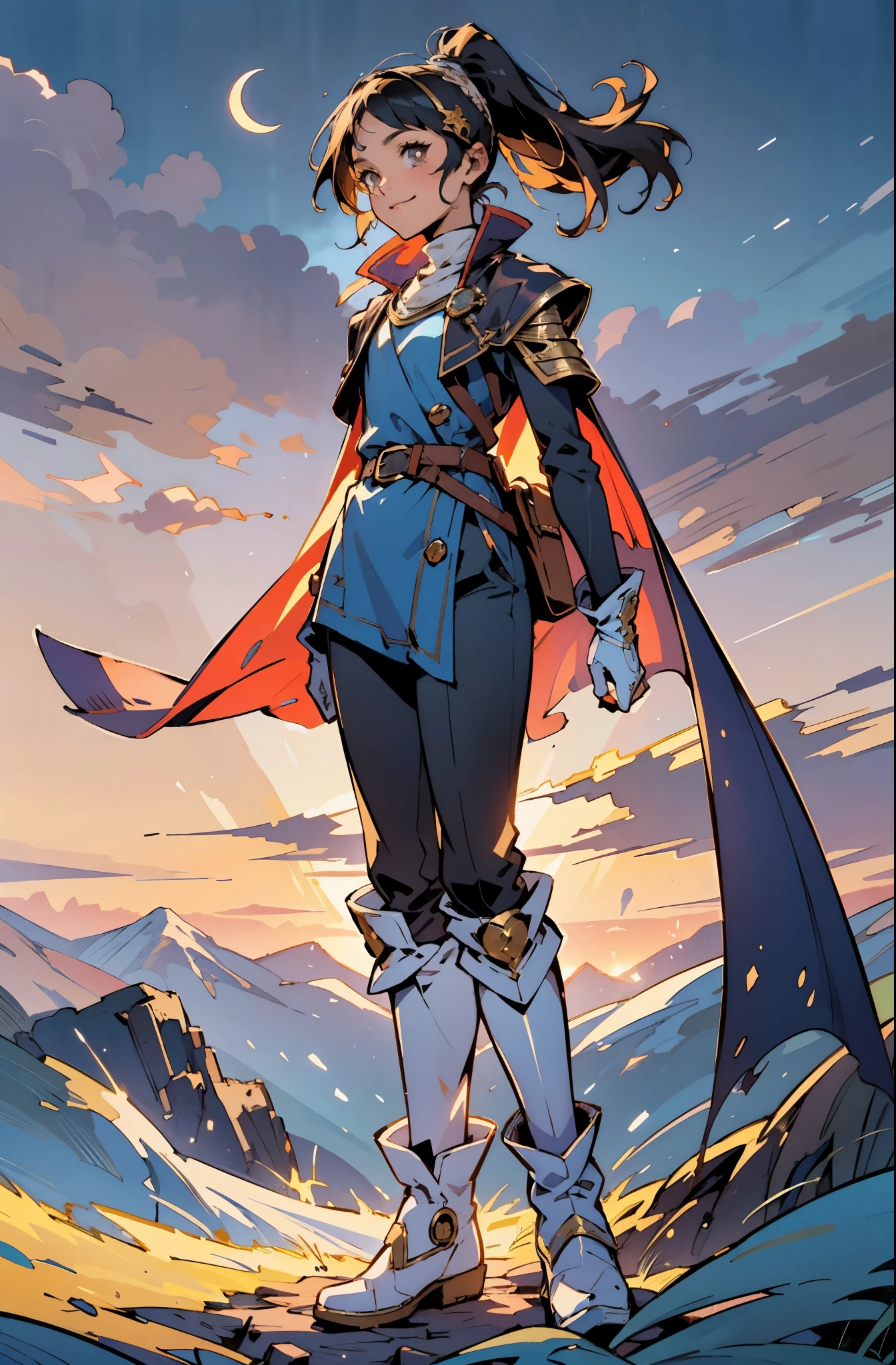 A girl with long indigo hair, a high ponytail, a headband adorned with crescent moon decorations, bright round eyes, a cheerful smile, a curious expression, a fantasy-style adventurer's coat with a short hem, houlder extensions forming a cape cloak, fabric gloves, a multifunctional belt, coarse cloth trousers, knee-high leather boots, a wilderness backdrop of Akira Toriyama's style, this character embodies a finely crafted fantasy-style adventurer in anime style, exquisite and mature manga art style, high definition, best quality, highres, ultra-detailed, ultra-fine painting, extremely delicate, professional, perfect body proportions, golden ratio, anatomically correct, symmetrical face, extremely detailed eyes and face, high quality eyes, creativity, RAW photo, UHD, 32k, Natural light, cinematic lighting, masterpiece-anatomy-perfect, masterpiece:1.5