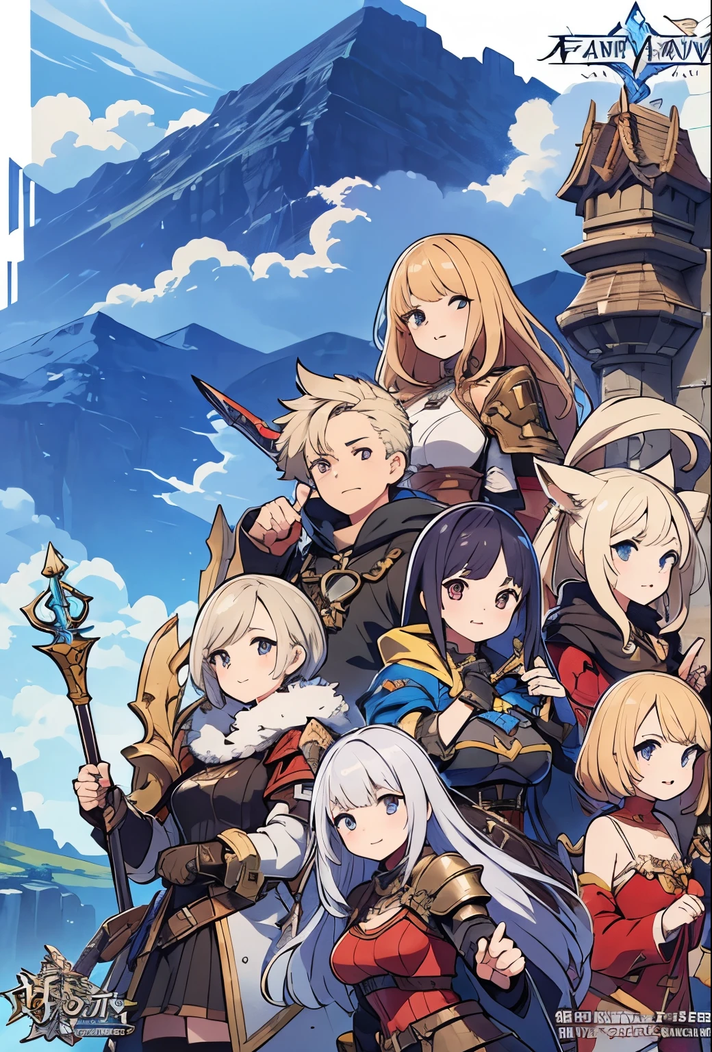 a group of people with swords and armor standing in front of a sky, granblue fantasy, final fantasy 14 style, final fantasy fan art, crisp clear rpg portrait, ffxiv heavensward, final fantasy style, final fantasy 1 2 style, final fantasy xiv: endwalker, key art, final fantasy artwork concept, ffxiv, from final fantasy, detailed key anime art, best quality, there are many people in a field with a castle in the background, key art, final fantasy artwork concept, hq artwork, square enix cinematic art, boris valejo. octopath traveler, high detailed official artwork, final fantasy 1 4, final fantasy xiv, final fantasy 14 style, game key art, ffxiv, final fantasy 14 sharp, rpg artwork, masterpiece, high quality, best quality, high detail, perfect draw, official artwork, detailed cover artwork, key art, promo art, album art, front cover of a new video game, enhanced, official art, anime cover, board game cover art, promotional art, box art, album art cover, game cover, battle chasers, official anime artwork, album cover, high quality face, high quality hand, by bestiary_style, males and females, fantasy rpg, warrior, armor, sword, high detailed faces, multicolor eyes,