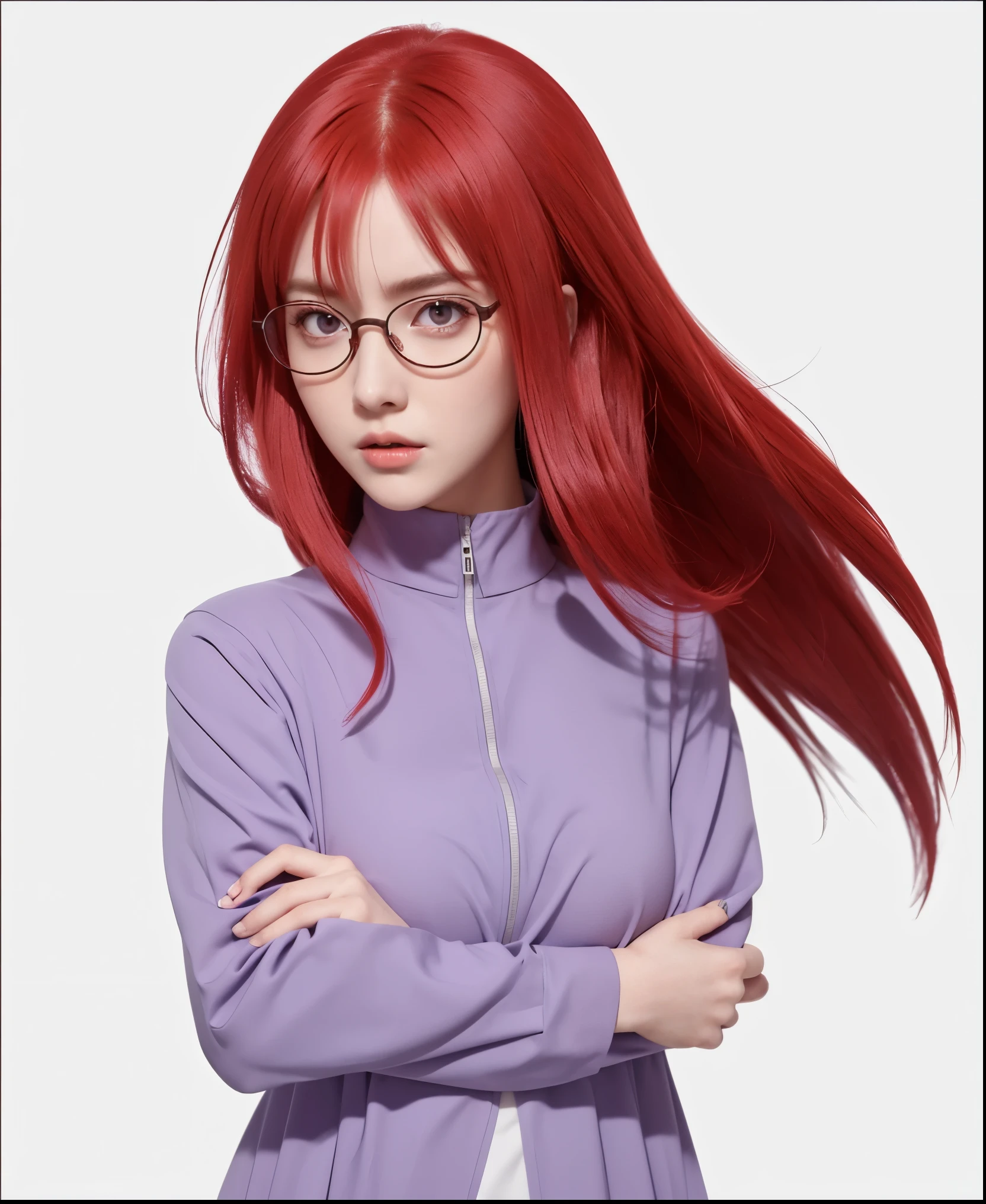 1 girl, karin uzumaki from anime naruto,  anime character with striking red hair and eyes, wearing a purple dress with a high collar. She stands confidently with her arms crossed, exuding a sense of intelligence and resolve. Her glasses add to her sharp look, and her long hair flows dramatically to one side. The character embodies a unique blend of healing powers, acute tracking abilities, and a deep connection to a storied clan, making her an intriguing and multifaceted figure within her world.",breasts, cosplay, real person, real life,, (ultra detailed), (8k, intricate), (85mm), light particles, lighting, full body, (highly detailed:1.2), breast focus, (gradients), sfw, colorful, (detailed background), (rule of third_composition:1.3), (Line of action:1.2), daylight, solo