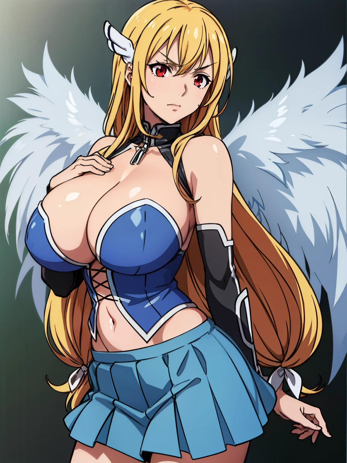 angel wings, wings, BREAK corset, navel, skirt, blue skirt, classroom background, astraea, anime cels style, best quality, high resolution, 1girl, (huge breasts:1.2), beautiful face, blonde hair, long hair, (red eyes:1.5), cowboy shot