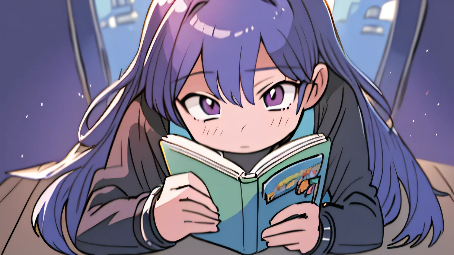 (best quality,4k,highres,masterpiece:1.2),vivid colors,sharp focus,physically-based rendering,professional,realistic,anime,portrait, girl,blue and purple hair,sitting on a classroom bench,reading a book,full body view,classroom background,Asuna Yuuki,Akane Kinoshita