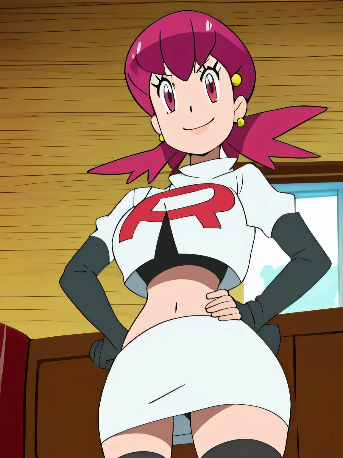 defwhitney,hair ornaments,earrings,glossy lips,8k, masterpiece,highres,very large breast, team rocket uniform, red letter r, white skirt,white crop top,black thigh-high boots, black elbow gloves, seductive smile, looking down at viewer, hands on hips, cowboy shot, zettai ryouiki,from below, black panties,anime style, vivid colors, sharp focus, intense lighting,