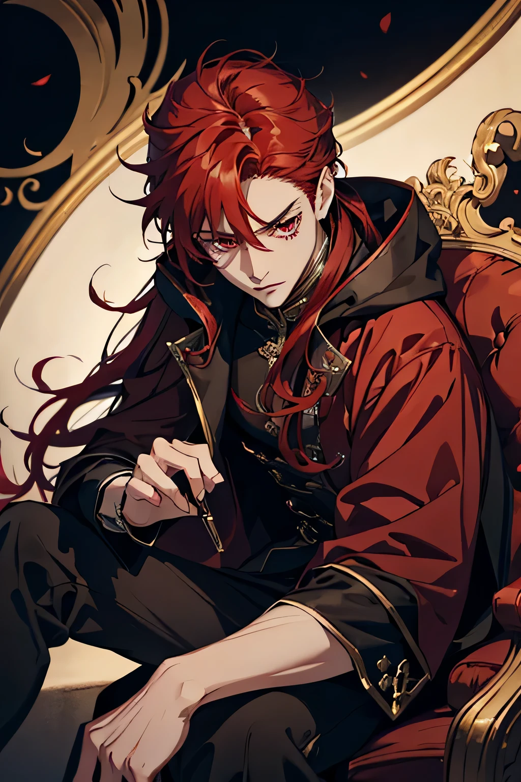 close up of a person in a red coat and red hair, alucard, full body xianxia, beautiful male god of death, vampire fashion, detailed anime character art, male vampire of clan banu haqim, full body black and red longcoat, l vampire, with his long red hair, androgynous vampire, detailed 20 year old male face, ultra realistic anime red eyes no emotions, INTJ, intelligent, holding a rapier