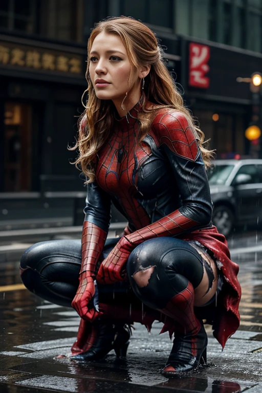 Blake Lively、squatting down、マーベル・コミック映画のposter, very beautiful, movies about spiderman, sexy, whole body, I'm wearing a skirt、premiere date, poster、belly buttonを突き出す、new york、she's wearing a torn spiderman suit,the suit is torn、wearing a skirt、 red and black color scheme,dynamic、masterpiece、highest quality、super detailed、very detailed、Detailed beautiful shine、超A high resolution、cinematic,tear,teardrop,(torn clothes:1.5), (wet clothes:1.4), bare shoulders,real rain,wet hair,belly button、exposing skin、sexyな肩を見せてる