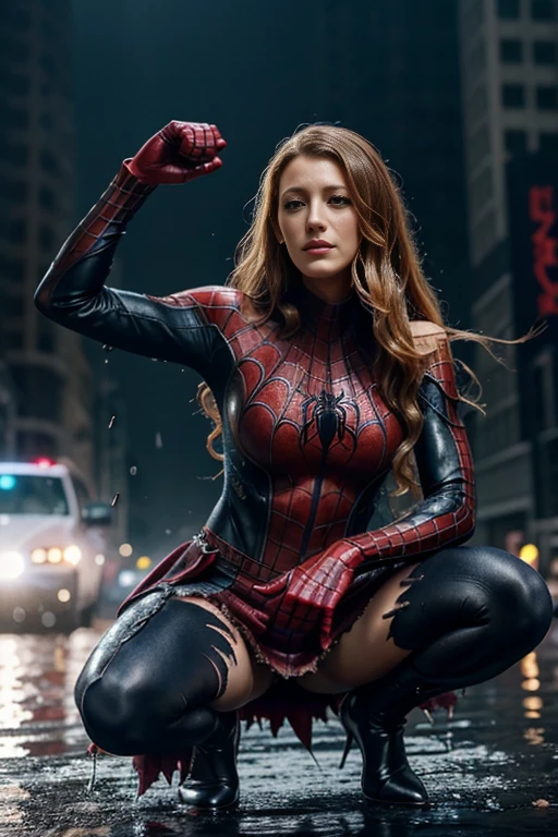 Blake Lively、squatting down、マーベル・コミック映画のposter, very beautiful, movies about spiderman, sexy, whole body, I'm wearing a skirt、premiere date, poster、belly buttonを突き出す、new york、she's wearing a torn spiderman suit,the suit is torn、wearing a skirt、 red and black color scheme,dynamic、masterpiece、highest quality、super detailed、very detailed、Detailed beautiful shine、超A high resolution、cinematic,tear,teardrop,(torn clothes:1.5), (wet clothes:1.4), bare shoulders,real rain,wet hair,belly button、exposing skin、sexyな肩を見せてる