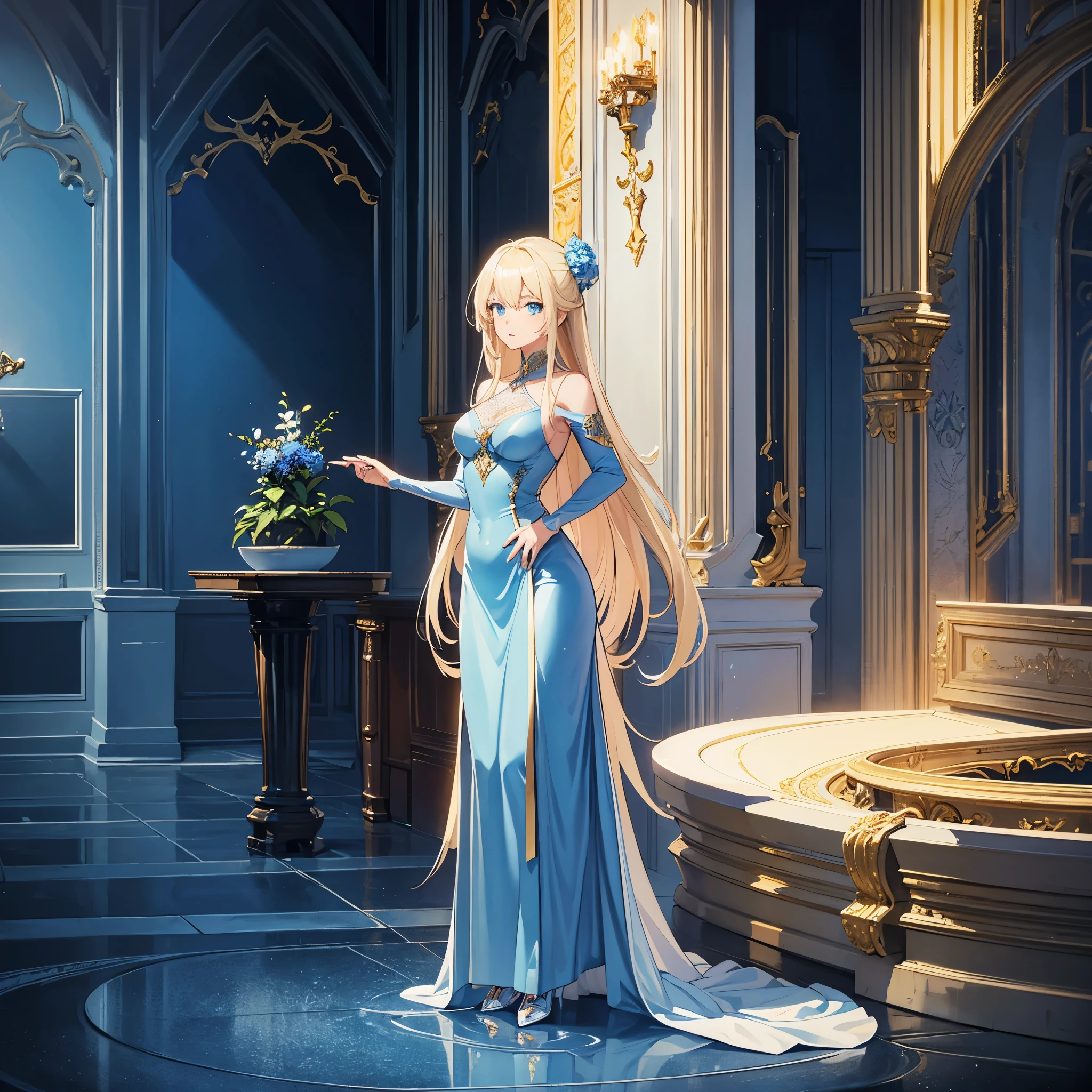 1 girl, mature girl, masterpiece, best quality, detailed eyes, sparkling eyes, shiny skin, shiny hair, blue eyes, light blonde hair, tall, long hair, straight hair, full body, best quality, shiny skin, shiny hair, light blue ballroom dress, standing, blue sky,