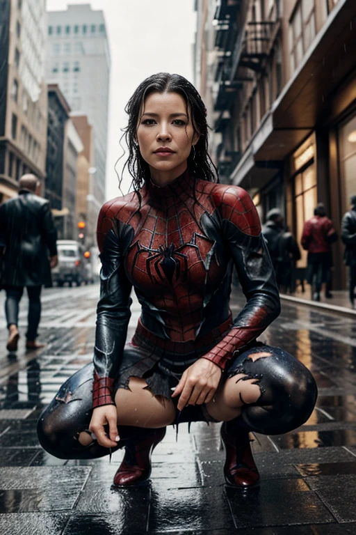 Evangeline Lilly、squatting down、マーベル・コミック映画のposter, very beautiful, movies about spiderman, sexy, whole body, I'm wearing a skirt、premiere date, poster、belly buttonを突き出す、new york、she's wearing a torn spiderman suit,the suit is torn、wearing a skirt、 red and black color scheme,dynamic、masterpiece、highest quality、super detailed、very detailed、Detailed beautiful shine、超A high resolution、cinematic,tear,teardrop,(torn clothes:1.5), (wet clothes:1.4), bare shoulders,real rain,wet hair,belly button、exposing skin、sexyな肩を見せてる