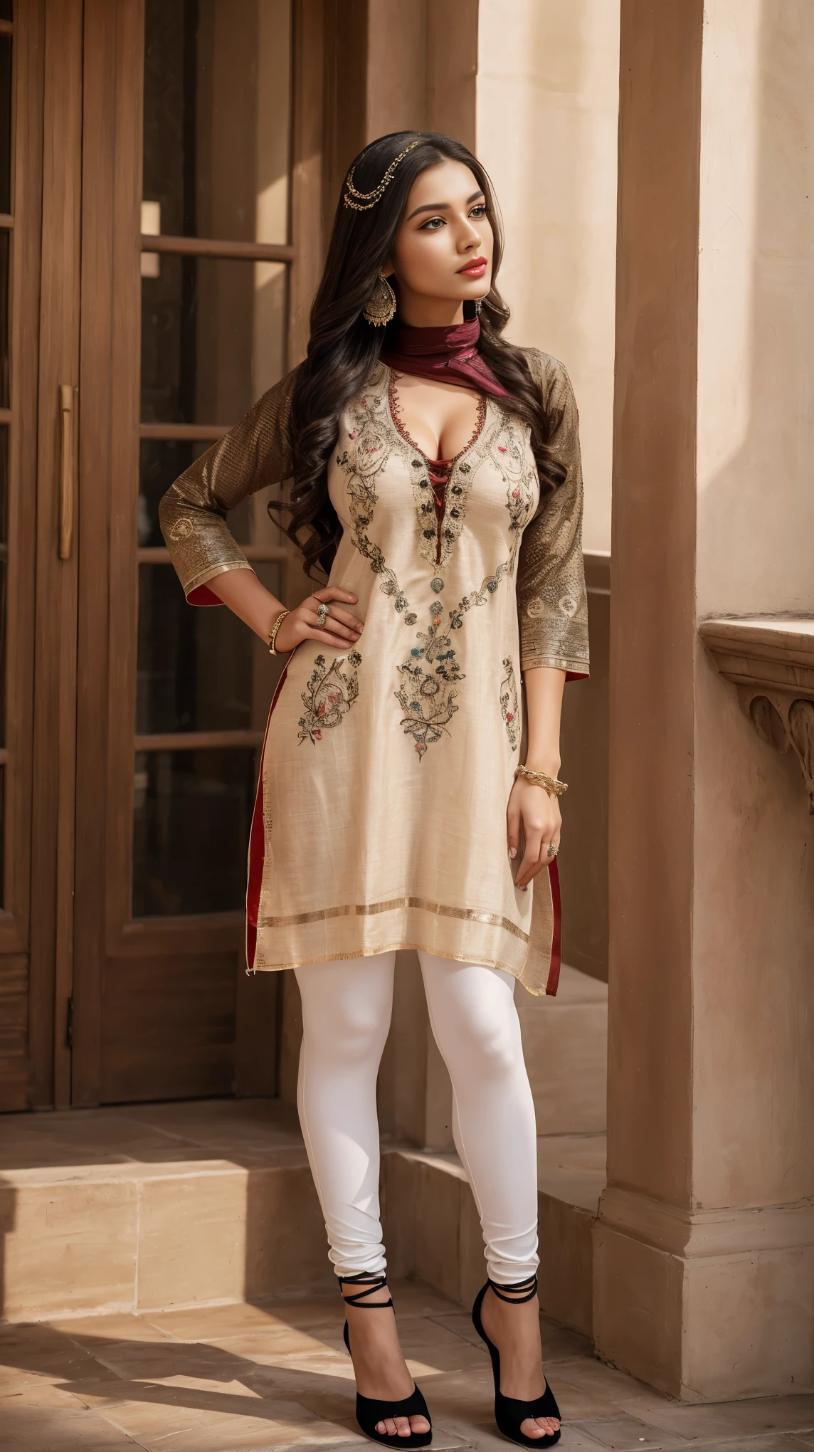 ((photo of 20 year old beautiful girl, beautiful and charming girl)), ,
(Girl on street road),
((Full body shot:1.5)), (full body in picture), (full body photo Close-up photo of the shin), (Indian babe), (attention standing posture, separate legs), (looking at viewers, front view shot),
best quality, movie studio lighting, illustration at Very detailed, ultra high resolution, depth of field, caustic, natural shading, masterpiece, hyper realistic, hyper detailed, photorealists, 8K, HDR, High resolution, (1girl), complicated details, extremely detailed, candid picture, candid shots, extreme detailed, highest detailed, (iconic picture shot, perfect brightness, perfect contrast),
(hair is one eye, purple eyes, Golden blonde hair, side bangs, sharp eyeliner, blush eyeshadow with thick eyelashes, lip gloss very delicate and beautiful, round chin, round earrings, sharp eyes, letter choker, symmetrical eyes), ,
(pretty face, iconic face), (detailed face, detailed eye, detailed lips, detailed neck, ultra realistic face, ultra realistic eye, ultra realistic lips), (attractive hair style, detailed hair style), ((Perfect breasts, perfect symmetrical breasts, attractive breasts, perky breasts, perfect rounded breasts, attractive breasts, realistic symmetrical breasts)), (attractive body figure, perfect body figure, perfect figure, curvy_figure, straight body figure, wide body posture), skin_tight,
(beautiful High heels),
(beautiful girl in Indian outfits), ,
((fancy kurta, embroidery kurta, bodycon kurta, luxury kurta, masterpiece kurta, flared kurta, fancy skinny sleeves of kurta), (fancy leggings, beautiful leggings)), ,