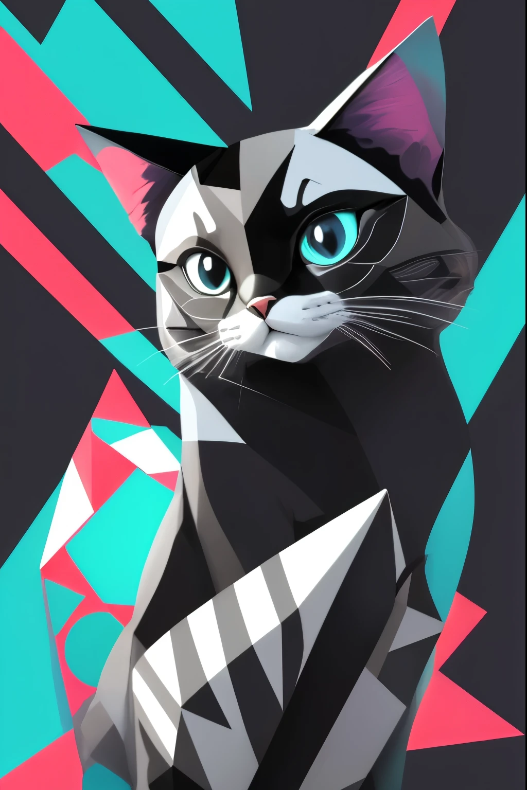 The prompt for the "geometric cat" can be as follows:
"geometric cat,illustration,striking colors,detailed geometric patterns,high contrast,playful pose,clean lines,abstract artwork,stylized fur patterns,sharp focus,high-res mastery:1.2"
Note: Please adjust the prompt based on the desired emphasis and aesthetic preferences.