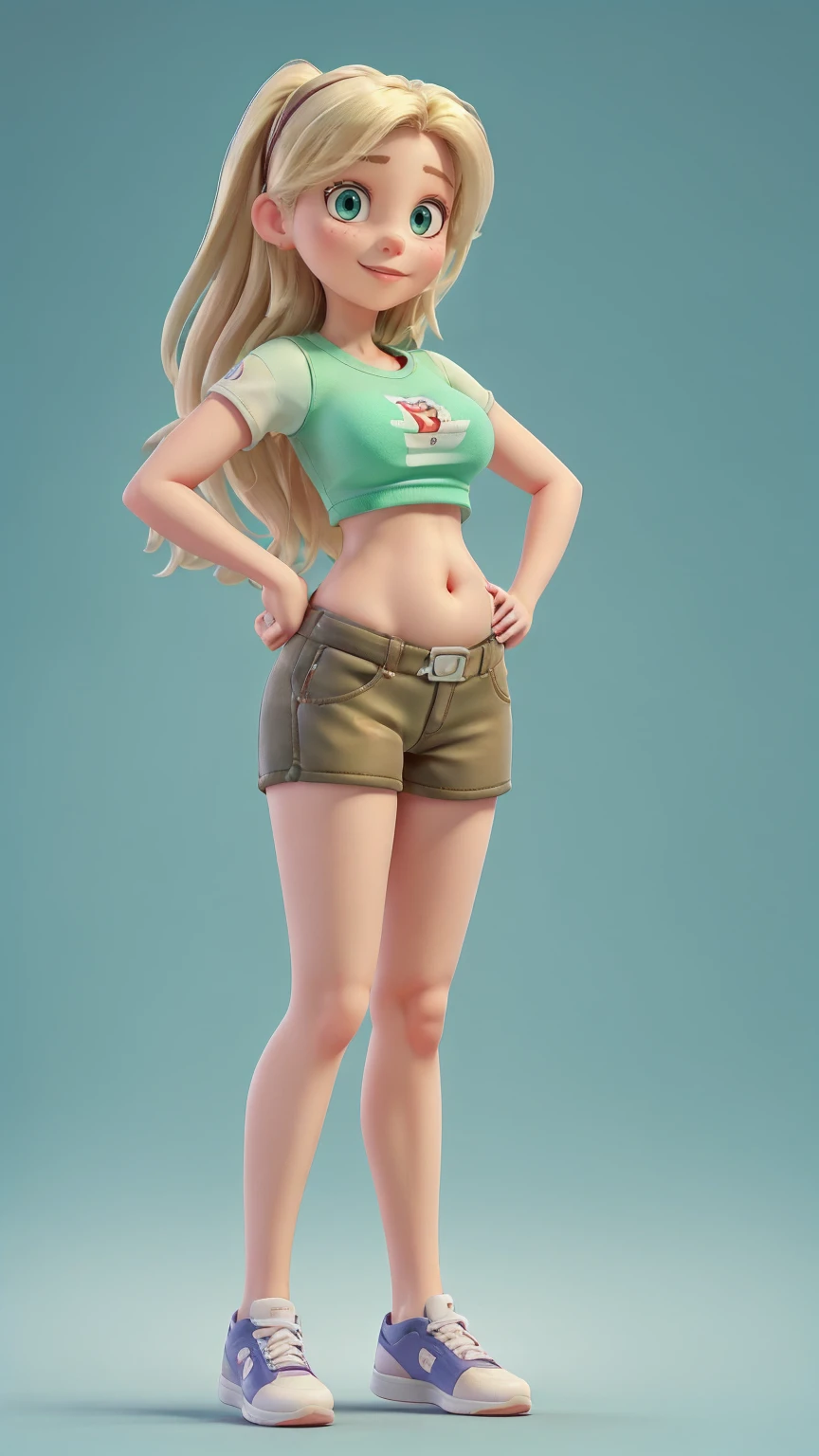((最high quality, 8K, masterpiece: 1.3, Ultra HD, high quality, 最high quality, High resolution, realism)) 、25 year old white woman、platinum blonde、blue eyes、long hair、smile、slender、slenderだがアスリートの体型、I don&#39;t want my head to disappear from the screen.、Wearing red nail polish、I have a peticure、Wear a T-shirt that shows your underboob、Wear cool sports shoes、Pastel green background、My abs are cracked、I can see the belly button、リストバンドapply、super high leg、sexy pose、head band、Leaning on the motorcycle、elbow pad((elbow pad))and kneepads((knee pad))apply