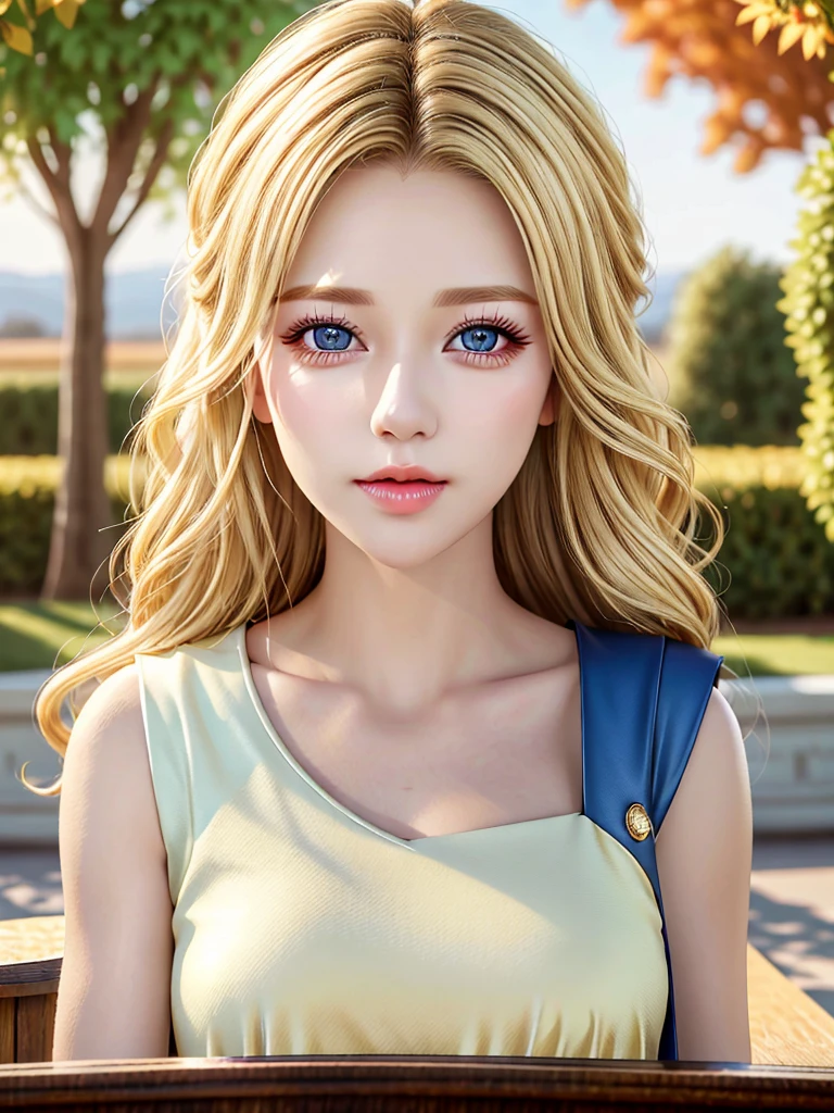 (table top:1.2), (highest quality:1.2), perfect eyes, perfect face, perfect lighting, 1 girl, mature woman in the field, medium blonde hair, curly hair, fine clothes, detailed outdoor background, compensate, eye shadow, thick eyelashes, moist lips, fantasy, looking at the viewer, spring