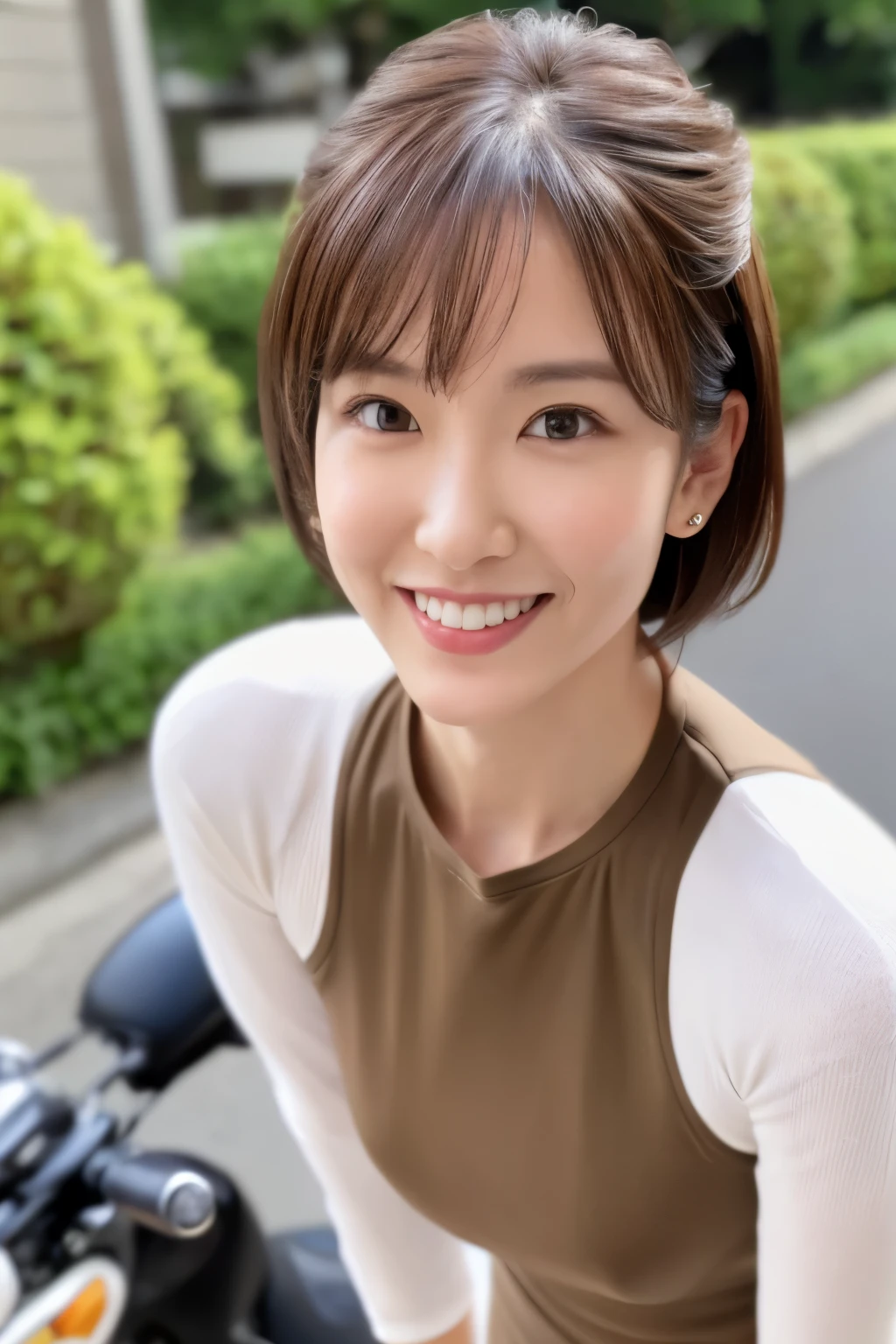 ((highest quality, 8K, masterpiece: 1.3)), sharp: 1.2, Skinny Japanese woman, 30 years old, perfect body beauty: 1.4, Cute face, Light brown shorthair, (((woman riding a motorcycle))), slender body, Riding Suit, Highly detailed face and skin texture, fine eyes, double eyelid, ((full body shot)), Natural light, smile, Detailed Motorcycle