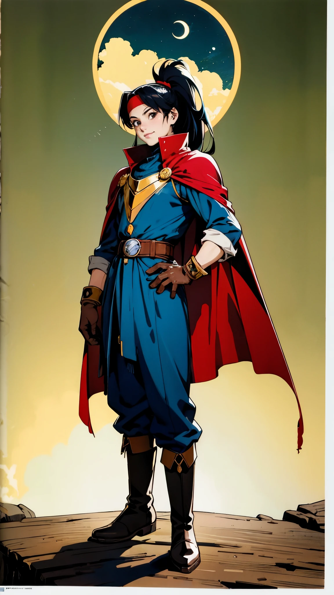 A girl with long indigo hair, a high ponytail, a headband adorned with crescent moon decorations, bright round eyes, a cheerful smile, a curious expression, a fantasy-style adventurer's coat with a short hem, houlder extensions forming a cape cloak, fabric gloves, a multifunctional belt, coarse cloth trousers, knee-high leather boots, a wilderness backdrop of Akira Toriyama's style, this character embodies a finely crafted fantasy-style adventurer in anime style, exquisite and mature manga art style, high definition, best quality, highres, ultra-detailed, ultra-fine painting, extremely delicate, professional, perfect body proportions, golden ratio, anatomically correct, symmetrical face, extremely detailed eyes and face, high quality eyes, creativity, RAW photo, UHD, 32k, Natural light, cinematic lighting, masterpiece-anatomy-perfect, masterpiece:1.5