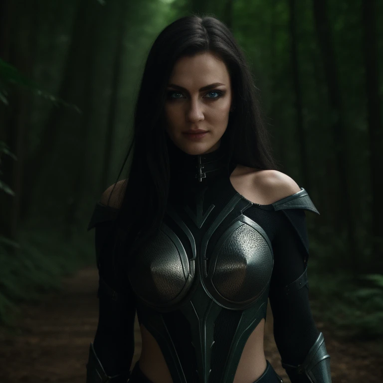 Best_QualityPos, RAW photo, intricate details, best quality, 8k uhd, soft lighting, 1girl, solo, black hair, long hair, armor, bare shoulders, Blue eyes, forest