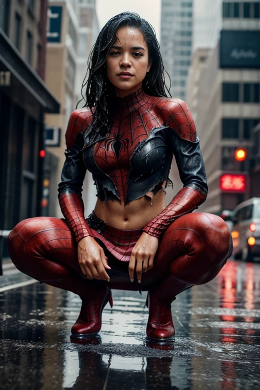 Michelle Rodriguez、squatting down、マーベル・コミック映画のposter, very beautiful, movies about spiderman, sexy, whole body, I'm wearing a skirt、premiere date, poster、belly buttonを突き出す、new york、she's wearing a torn spiderman suit,the suit is torn、wearing a skirt、 red and black color scheme,dynamic、masterpiece、highest quality、super detailed、very detailed、Detailed beautiful shine、超A high resolution、cinematic,tear,teardrop,(torn clothes:1.5), (wet clothes:1.4), bare shoulders,real rain,wet hair,belly button、exposing skin、sexyな肩を見せてる