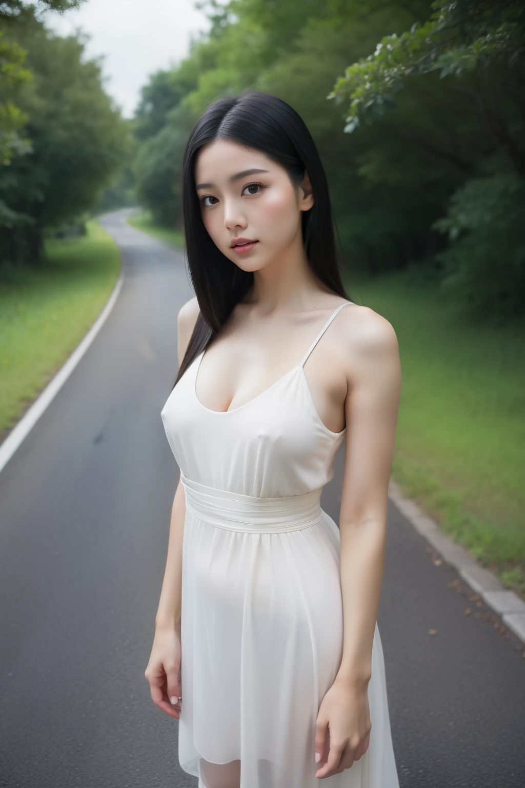 Upskirt,one woman,Are standing,big breasts,whole body,(beautiful face:1.3,detailed face、double eyelid,I'm struggling),The Road of Anguish and Despair,bob hair,black hair,black eye,outdoor,table top, very detailed and beautiful,realistic,gravure,adult woman,Perfect Japan,(perfect anatomy、beautiful limbs),Path of Darkness、Getting lost、Cloudy、Unknown Road、Owl、Artistic darkness background、