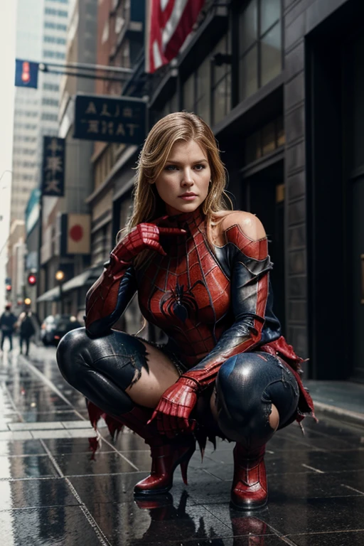 Ali Larter、squatting down、マーベル・コミック映画のposter, very beautiful, movies about spiderman, sexy, whole body, I'm wearing a skirt、premiere date, poster、belly buttonを突き出す、new york、she's wearing a torn spiderman suit,the suit is torn、wearing a skirt、 red and black color scheme,dynamic、masterpiece、highest quality、super detailed、very detailed、Detailed beautiful shine、超A high resolution、cinematic,tear,teardrop,(torn clothes:1.5), (wet clothes:1.4), bare shoulders,real rain,wet hair,belly button、exposing skin、sexyな肩を見せてる