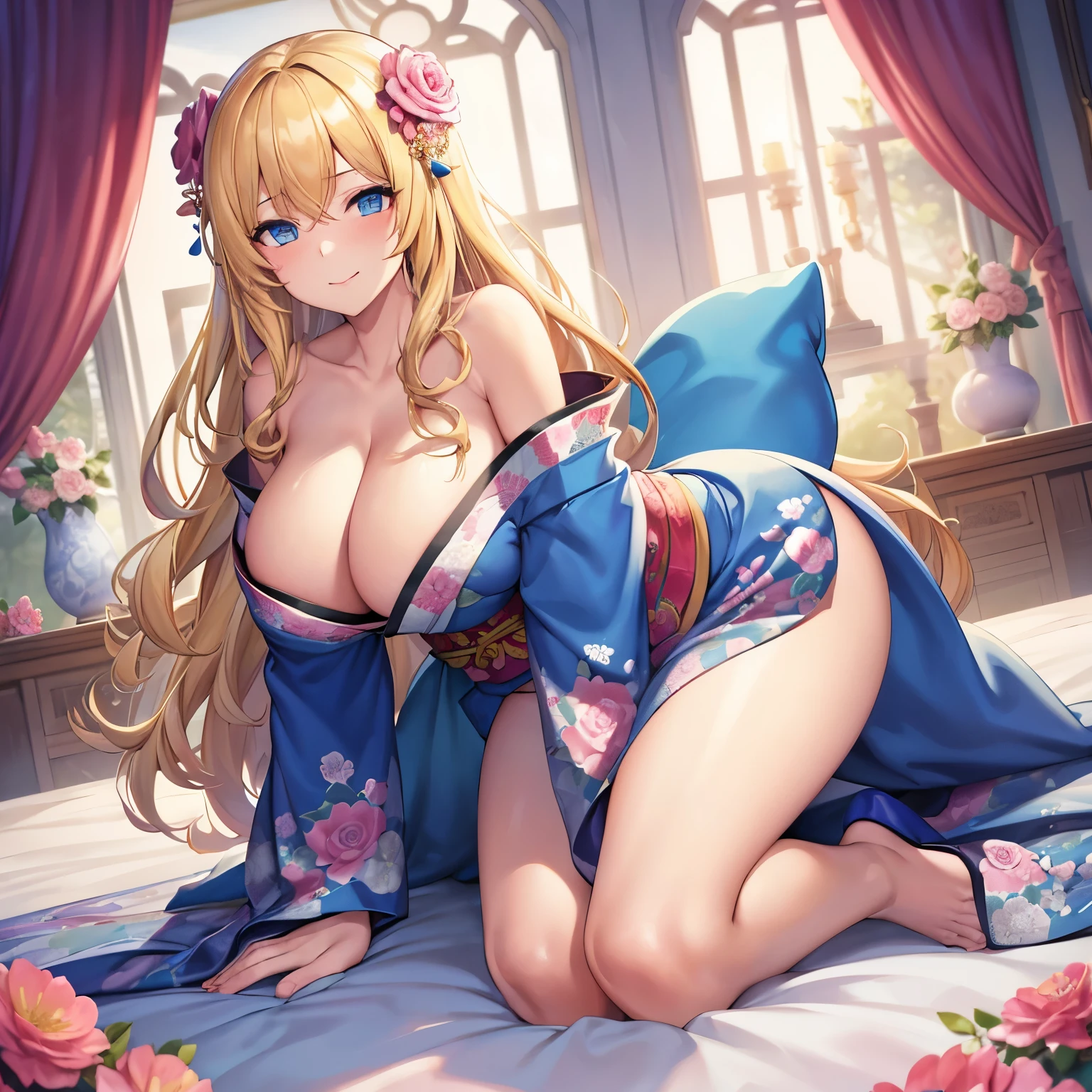 masterpiece, highest quality, (((solo milf))), (((long blonde hair))),  (((wide hips))), (((beautiful blue eyes))), lip whole, enchanting smile, big breasts, crooked, sexy, ((kneel on the bed)) (((Wearing a pink kimono with a white floral pattern))), [Janet], [Alice],  (((alone))), (((alone))), ((huge boobs)), (cleavage), candle, crystal ball, tarot cards on the bed, red curtains, messy hair, curly hair