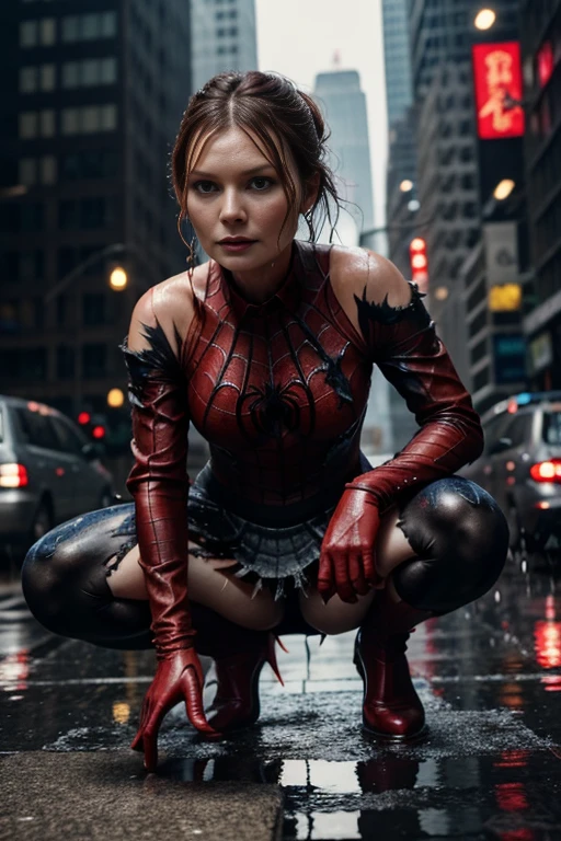 Kirsten Dunst、squatting down、マーベル・コミック映画のposter, very beautiful, movies about spiderman, sexy, whole body, I'm wearing a skirt、premiere date, poster、belly buttonを突き出す、new york、she's wearing a torn spiderman suit,the suit is torn、wearing a skirt、 red and black color scheme,dynamic、masterpiece、highest quality、super detailed、very detailed、Detailed beautiful shine、超A high resolution、cinematic,tear,teardrop,(torn clothes:1.5), (wet clothes:1.4), bare shoulders,real rain,wet hair,belly button、exposing skin、sexyな肩を見せてる