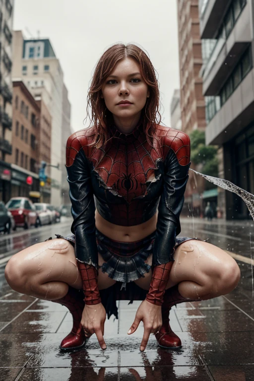 Kirsten Dunst、squatting down、マーベル・コミック映画のposter, very beautiful, movies about spiderman, sexy, whole body, I'm wearing a skirt、premiere date, poster、belly buttonを突き出す、new york、she's wearing a torn spiderman suit,the suit is torn、wearing a skirt、 red and black color scheme,dynamic、masterpiece、highest quality、super detailed、very detailed、Detailed beautiful shine、超A high resolution、cinematic,tear,teardrop,(torn clothes:1.5), (wet clothes:1.4), bare shoulders,real rain,wet hair,belly button、exposing skin、sexyな肩を見せてる