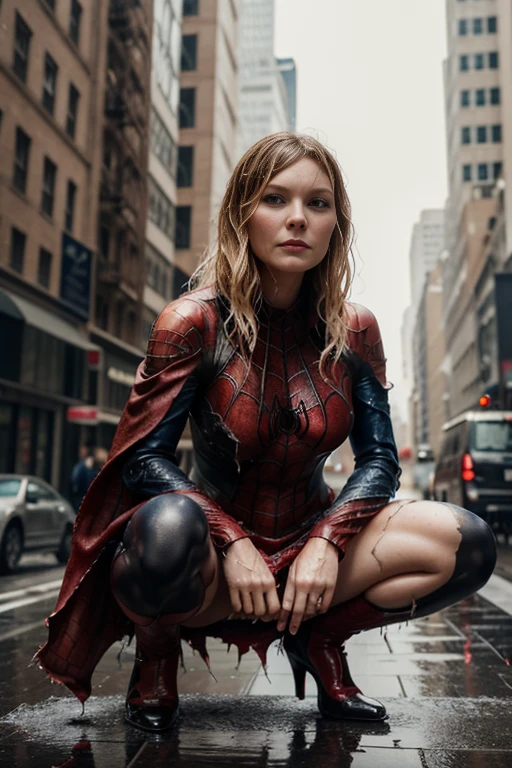 Kirsten Dunst、squatting down、マーベル・コミック映画のposter, very beautiful, movies about spiderman, sexy, whole body, I'm wearing a skirt、premiere date, poster、belly buttonを突き出す、new york、she's wearing a torn spiderman suit,the suit is torn、wearing a skirt、 red and black color scheme,dynamic、masterpiece、highest quality、super detailed、very detailed、Detailed beautiful shine、超A high resolution、cinematic,tear,teardrop,(torn clothes:1.5), (wet clothes:1.4), bare shoulders,real rain,wet hair,belly button、exposing skin、sexyな肩を見せてる