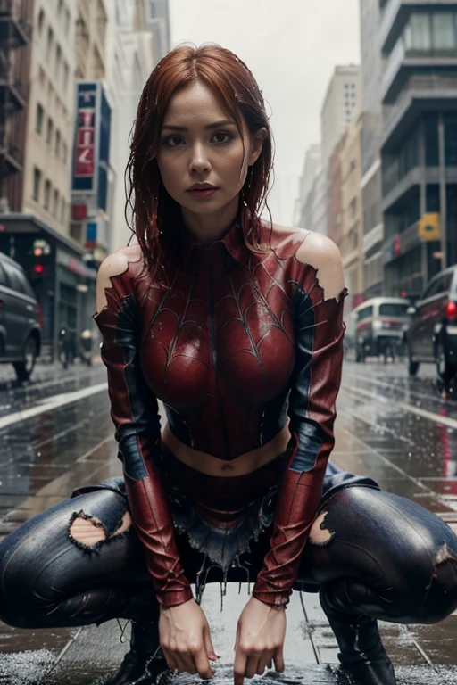 Karen Gillan、squatting down、マーベル・コミック映画のposter, very beautiful, movies about spiderman, sexy, whole body, I'm wearing a skirt、premiere date, poster、belly buttonを突き出す、new york、she&#39;s wearing a torn spiderman suit,the suit is torn、wearing a skirt、 red and black color scheme,dynamic、masterpiece、highest quality、super detailed、very detailed、Detailed beautiful shine、超A high resolution、cinematic,tear,teardrop,(torn clothes:1.5), (wet clothes:1.4), bare shoulders,real rain,wet hair,belly button、exposing skin、sexyな肩を見せてる