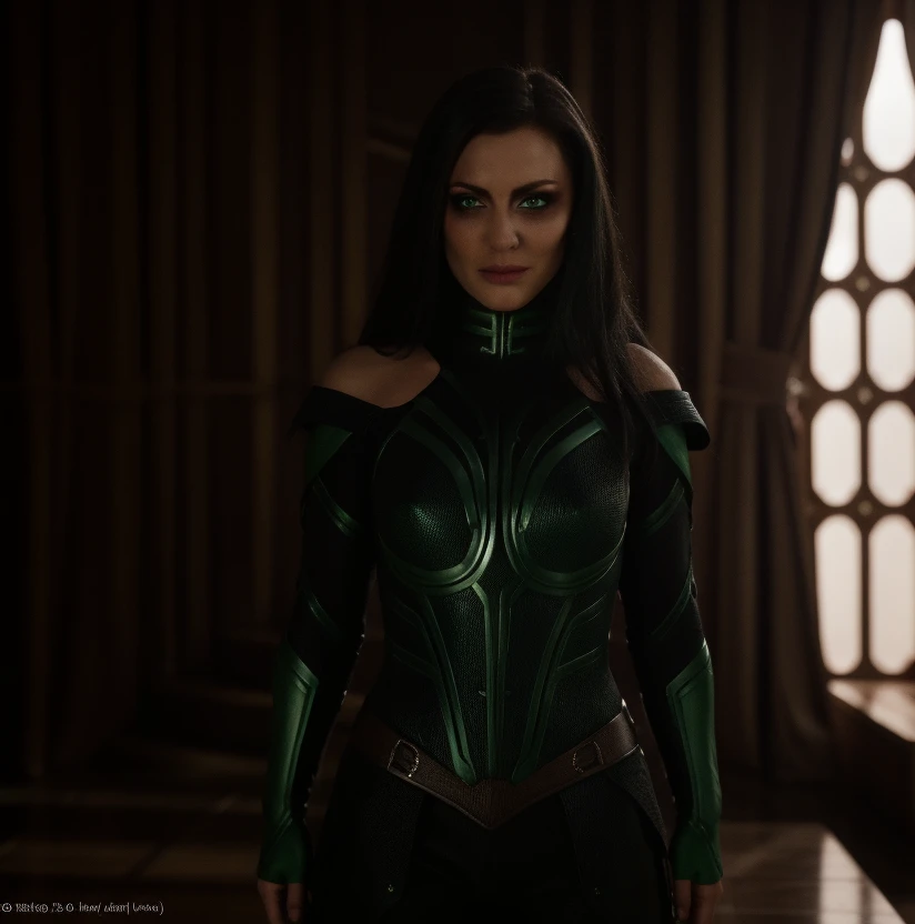 Best_QualityPos, RAW photo, intricate details, best quality, 8k uhd, soft lighting, 1girl, solo, bare shoulders, black hair, long hair, armor, green eyes, epiC35mm
