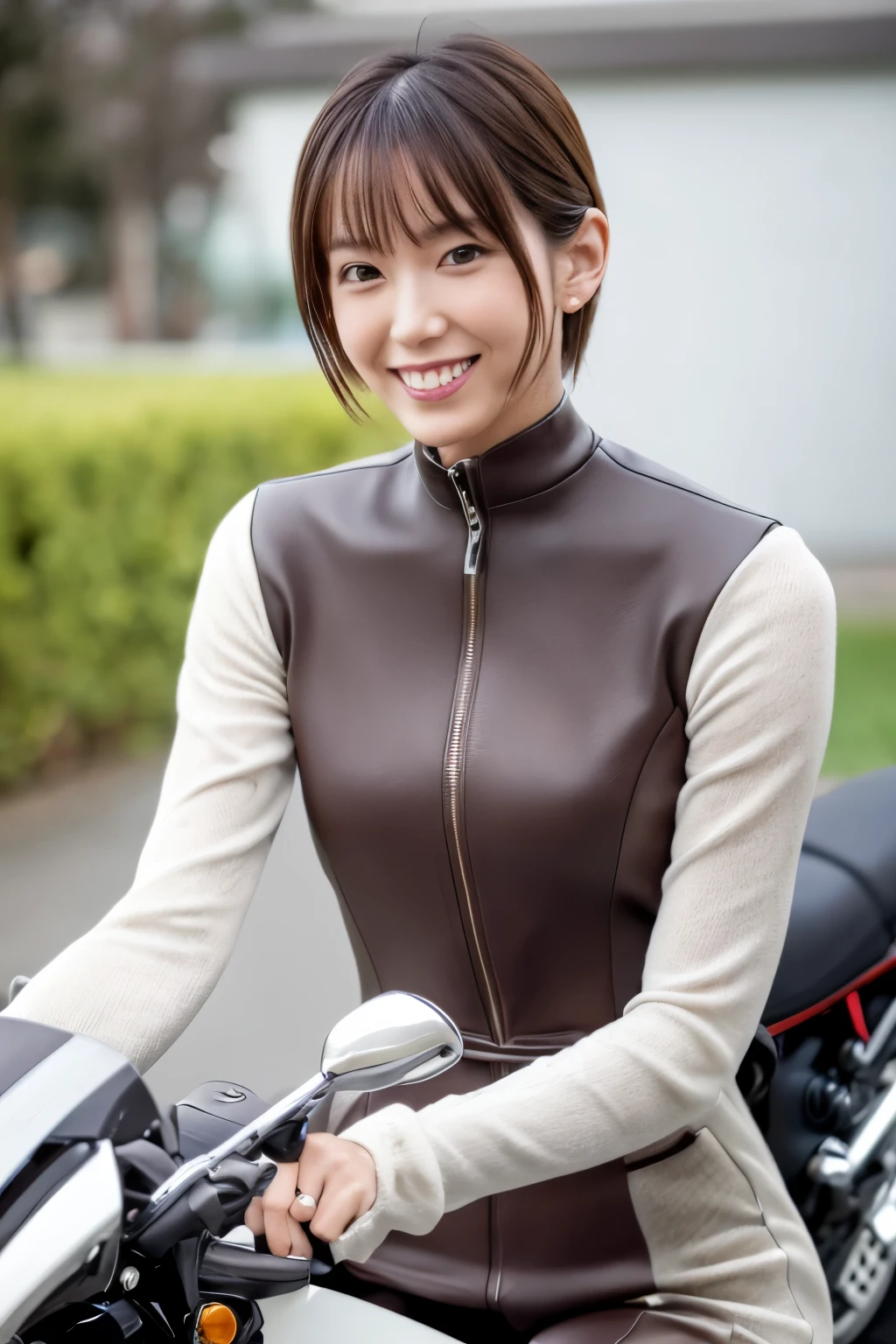 ((highest quality, 8K, masterpiece: 1.3)), sharp: 1.2, Skinny Japanese woman, 30 years old, perfect body beauty: 1.4, (very thin waist: 1.5), Cute face, Light brown shorthair, (((woman riding a motorcycle))), slender body, ((Riding Suit)), Highly detailed face and skin texture, fine eyes, double eyelid, ((full body shot)), Natural light, smile, Detailed Motorcycle