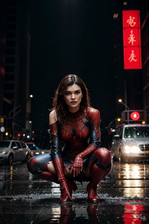 Rachel Weisz、squatting down、マーベル・コミック映画のposter, very beautiful, movies about spiderman, sexy, whole body, I'm wearing a skirt、premiere date, poster、belly buttonを突き出す、new york、she&#39;s wearing a torn spiderman suit,the suit is torn、wearing a skirt、 red and black color scheme,dynamic、masterpiece、highest quality、super detailed、very detailed、Detailed beautiful shine、超A high resolution、cinematic,tear,teardrop,(torn clothes:1.5), (wet clothes:1.4), bare shoulders,real rain,wet hair,belly button、exposing skin、sexyな肩を見せてる