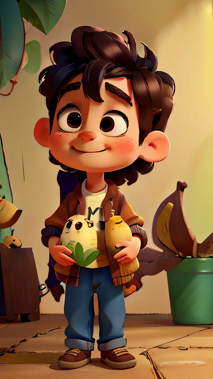 a cute little boy,Hands with bananas,front view, Pixar cinematic style, best quality, stills, very cute, big eyes, happy,very cute,