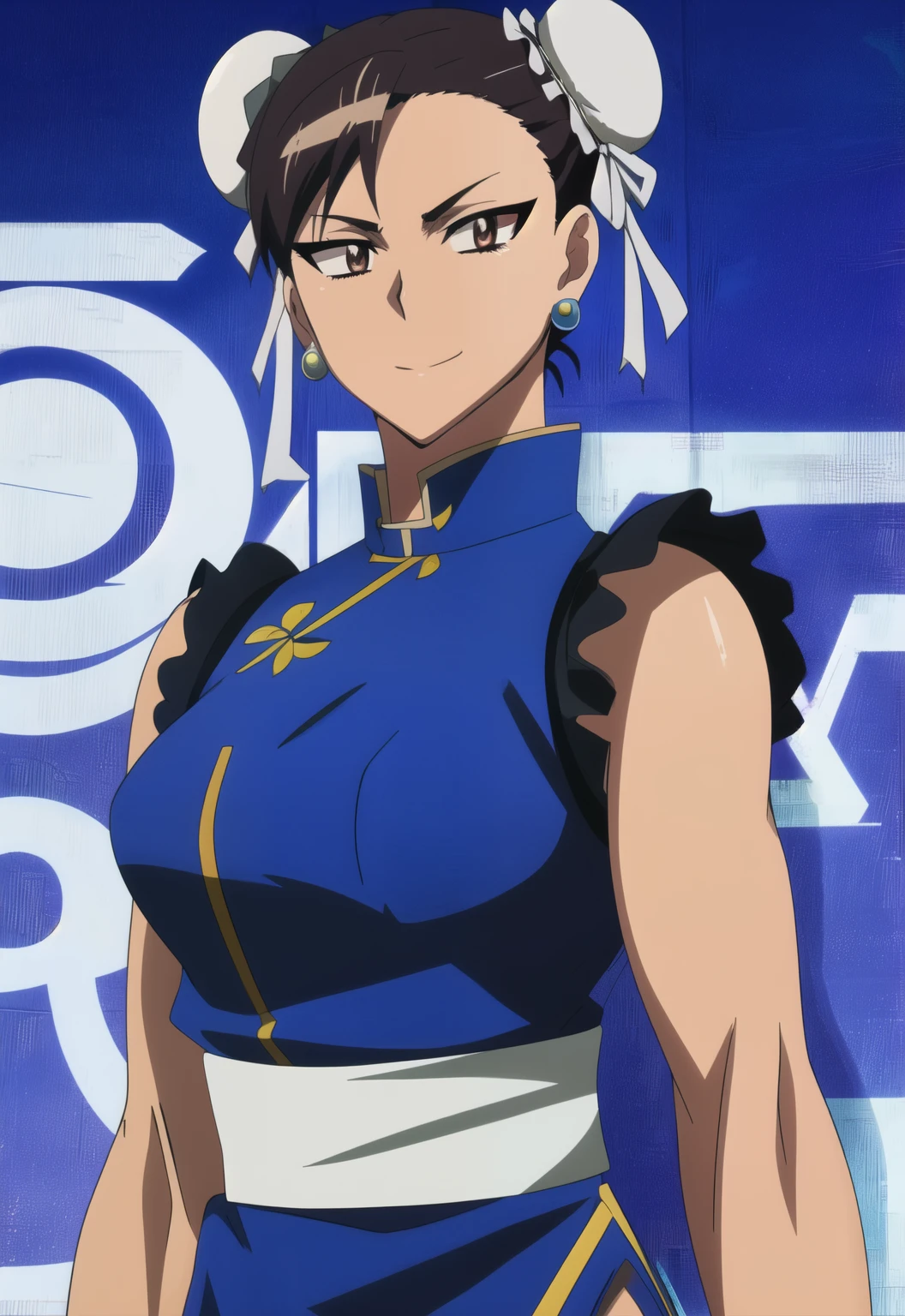 chun li, double bun,  black hair, brown eyes,  
chinese clothes, spiked bracelet, bun cover, earrings , 
standing, upper body,  smile,  sash, 
chinatown,  police station,  morning, 
(insanely detailed, beautiful detailed face, beautiful detailed eyes, masterpiece, best quality),solo, ,anime style, anime screencap