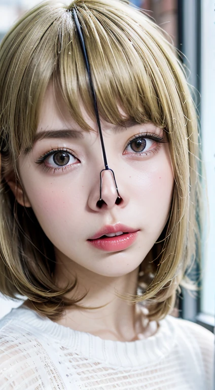Fashion trendy beautiful and attractive woman, ,(Top quality realistic textured skin:1.4), fine eyes, detailed face, high quality eyes, focus the eyes clearly, nose and mouth,face focus, Super close up of face gentle and charming Chinese beautiful woman, delicate and sexy clavicle, attractive oval face, double eyelid, Smart peach blossom eyes, pink lips, small nose, bare shoulders, focus on face, close up of face, ultra high resolution, Super detailed, full body photo, Ultra thin and transparent, The white off-shoulder shirt and light blue slit skirt go great together.., fresh and good, And see through,cinematic lighting,rim light,bob cut,((Blonde Hair Color))