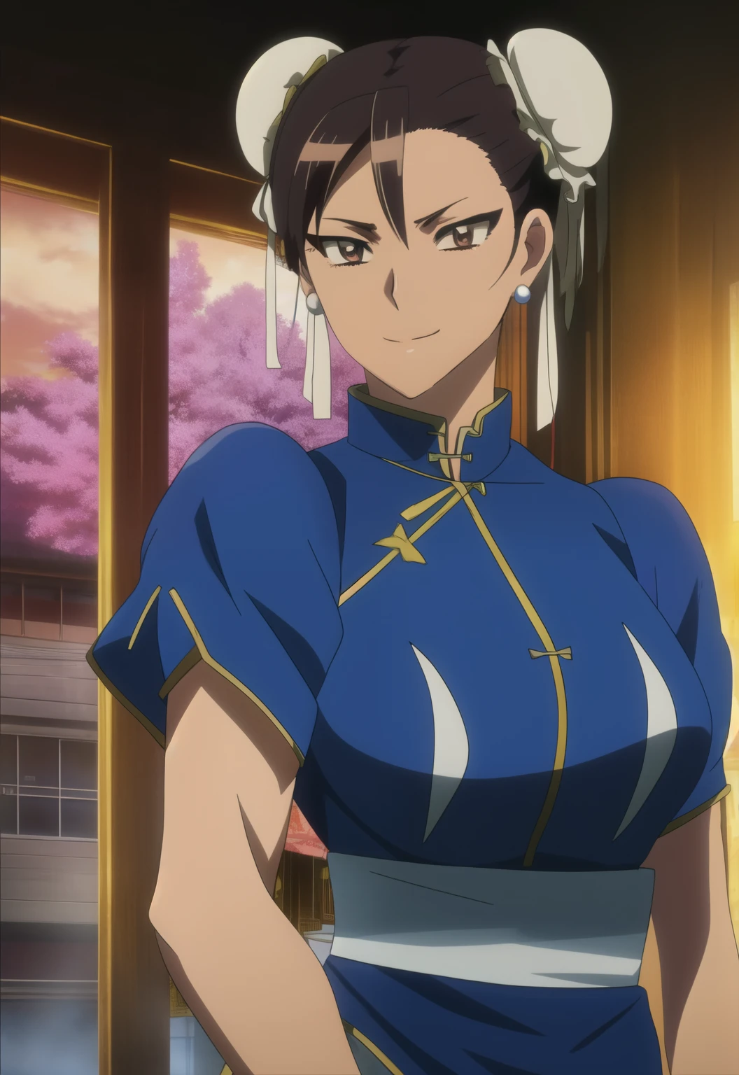 chun li, double bun,  black hair, brown eyes,  
chinese clothes, spiked bracelet, bun cover, earrings , 
standing, upper body,  smile,  sash, 
chinatown,  police station,  morning, 
(insanely detailed, beautiful detailed face, beautiful detailed eyes, masterpiece, best quality),solo, ,anime style, anime screencap